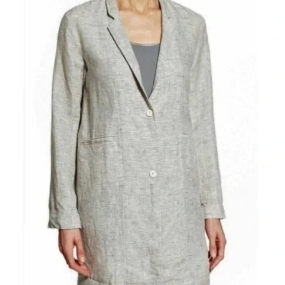 Eileen Fisher 100% Linen Checked Long Shacket Blazer Size Medium Ivory and Blue